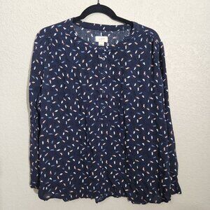 Loft Blouse Cat Print Long Sleeve XL Navy Blue